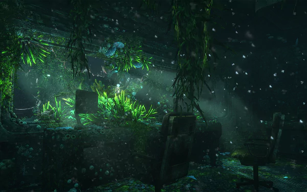 HD PC desktop wallpaper featuring a dark, overgrown underwater scene from the video game SOMA, with glowing plants and suspended light particles.
