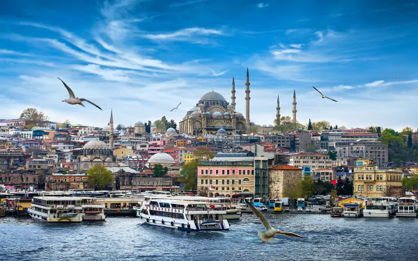 HD desktop wallpaper featuring the Süleymaniye Mosque overlooking a bustling waterfront with boats and seagulls under a vibrant blue sky.