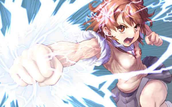 Mikoto Misaka from A Certain Scientific Railgun unleashes her powers, displaying determination in her school uniform, featuring short brown hair and striking brown eyes.