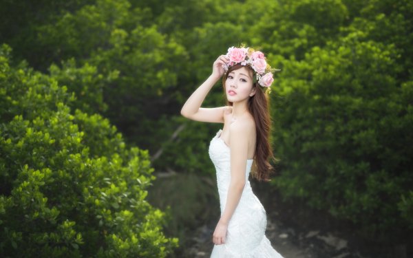 Femmes Mariée Wedding Dress Asiatique Top Model Wreath Brune Fond d'écran HD | Image