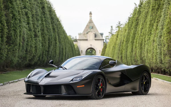 A sleek black Ferrari LaFerrari parked along a luxurious path, framed by meticulously trimmed hedges and a distinctive architectural backdrop, showcasing its stunning design and elegance.