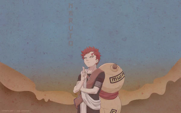 A dynamic HD wallpaper featuring Gaara from Naruto, standing confidently with his gourd in a sandy landscape, embodying the essence of this iconic anime.