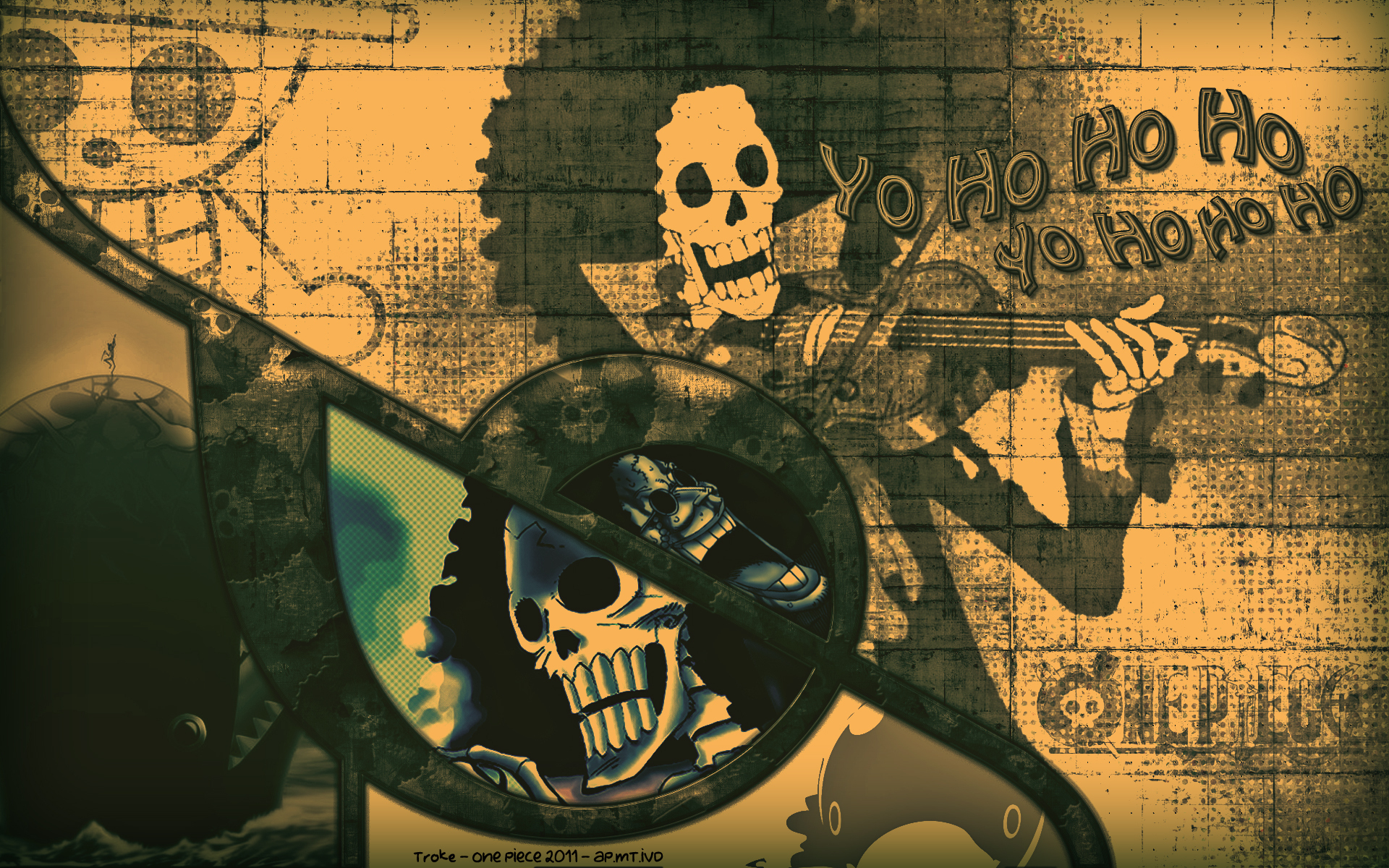 HD anime desktop wallpaper featuring Brook from One Piece playing the violin with the text Yo Ho Ho on a textured, sepia-toned background.
