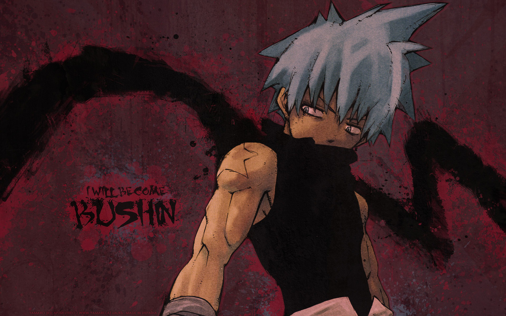 HD PC desktop wallpaper featuring an intense anime character from Soul Eater with white hair, muscular arm, and dark swirling shadows on a crimson background.