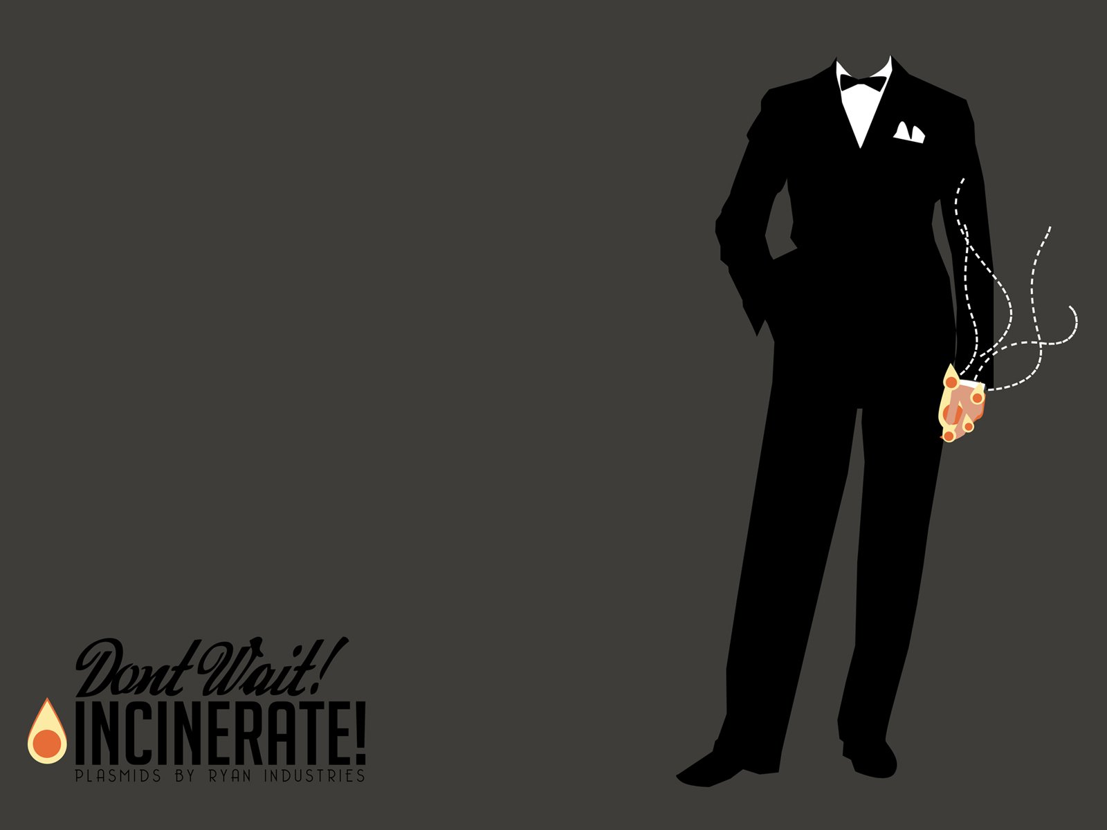 A striking HD desktop wallpaper featuring a character in a tuxedo with a fiery hand, inspired by the video game Bioshock. The text reads, Don't Wait! Incinerate!