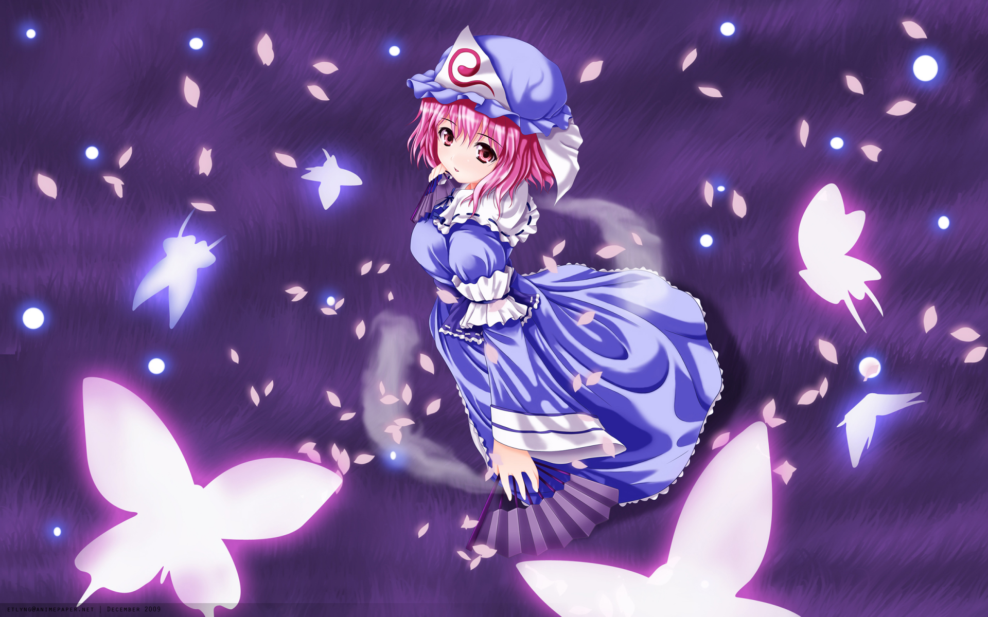 HD PC desktop wallpaper featuring Yuyuko Saigyouji from the Touhou anime series, surrounded by glowing butterflies in a purple, ethereal setting.