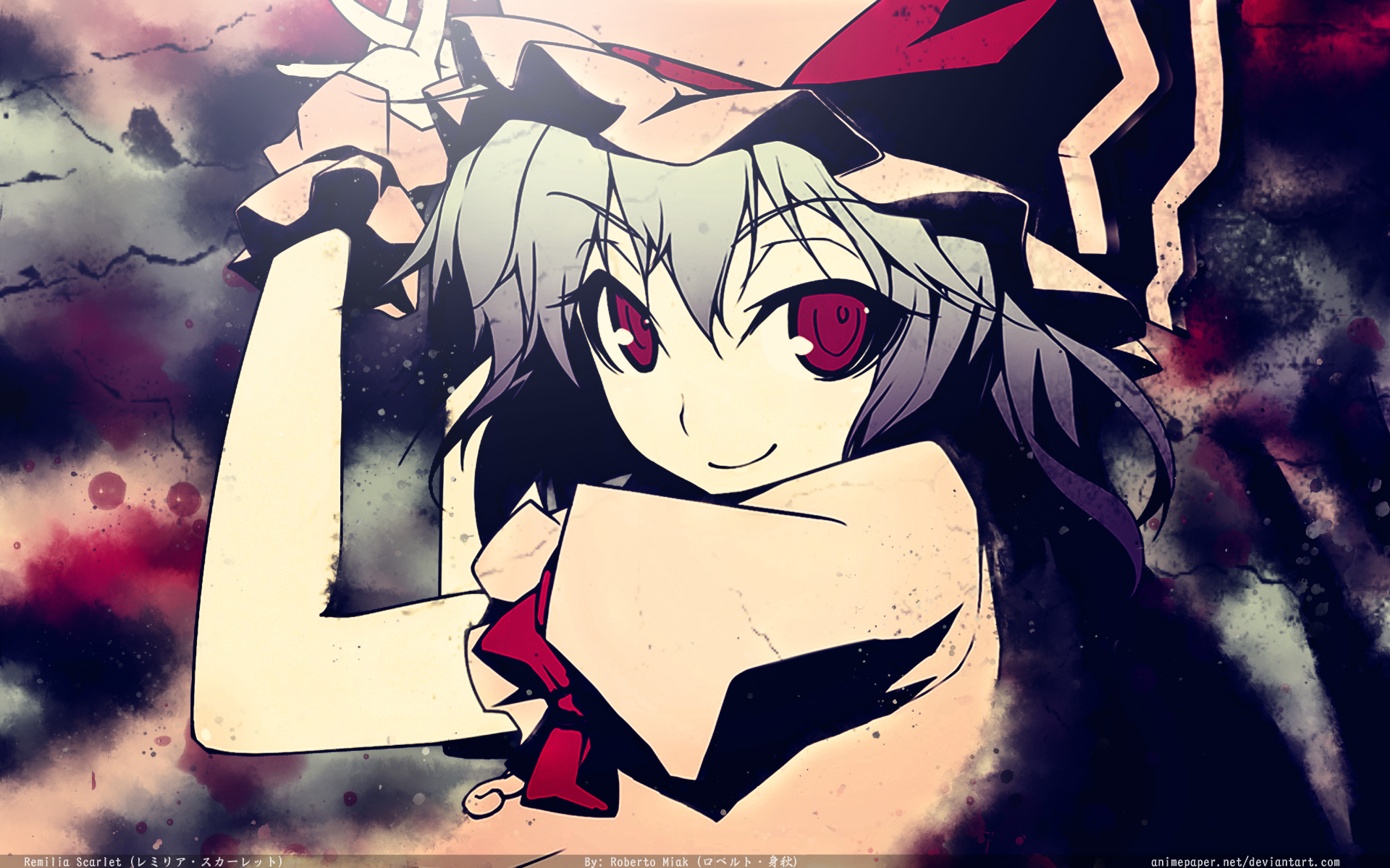 HD PC desktop wallpaper of Remilia Scarlet (Touhou): anime-style portrait with red eyes, frilled hat and dramatic textured background.