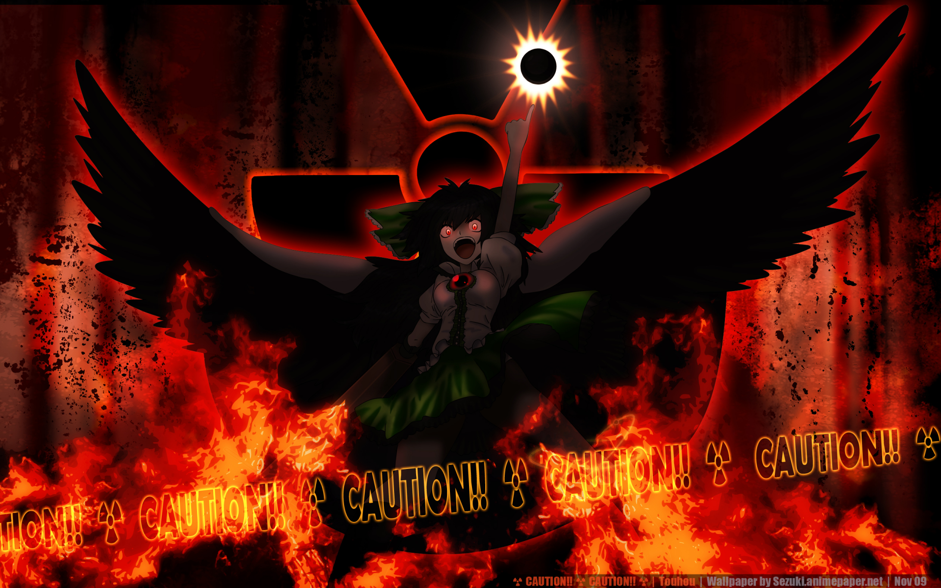 HD PC desktop wallpaper featuring Utsuho Reiuji from the Touhou anime series, depicted with dark wings and surrounded by fiery flames against a dramatic background.