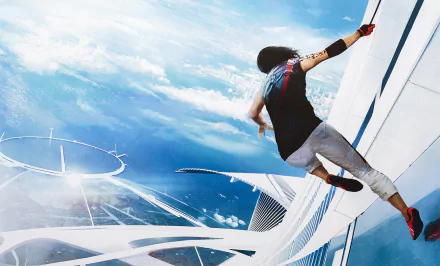 Faith Connors from the video game Mirror's Edge Catalyst scales a sleek futuristic building under a bright blue sky in this HD PC desktop wallpaper.