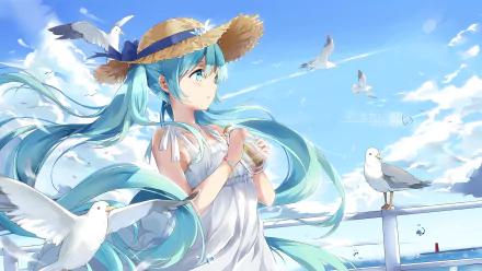 Anime-style HD wallpaper featuring Hatsune Miku with aqua hair and eyes, wearing a straw hat and white dress, holding a bird. Seagulls fly around her in a clear blue sky, creating a serene scene.