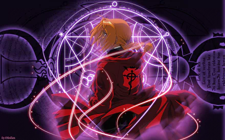 HD anime desktop wallpaper featuring Edward Elric from Fullmetal Alchemist, surrounded by glowing alchemical circles and vibrant red energy effects.