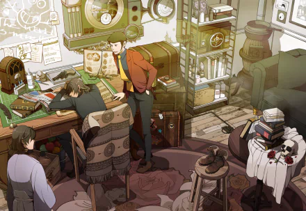 HD anime desktop wallpaper featuring characters from Lupin the Third in a detailed, cozy room filled with books, maps, and vintage decor.