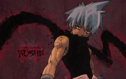 HD PC desktop wallpaper featuring an intense anime character from Soul Eater with white hair, muscular arm, and dark swirling shadows on a crimson background.