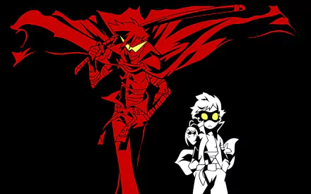 HD PC desktop wallpaper of Tengen Toppa Gurren Lagann: bold red mech silhouette behind a white-outlined character with yellow goggles on a black background.