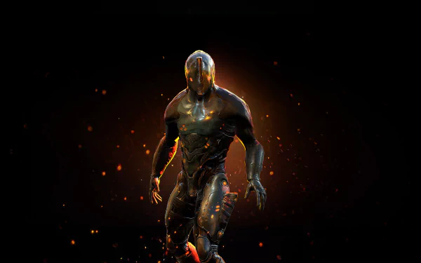 HD desktop wallpaper featuring a Warframe character clad in armor, wielding Excalibur, surrounded by sparkling lights against a dark backdrop.