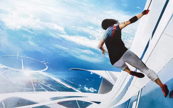 Faith Connors from the video game Mirror's Edge Catalyst scales a sleek futuristic building under a bright blue sky in this HD PC desktop wallpaper.