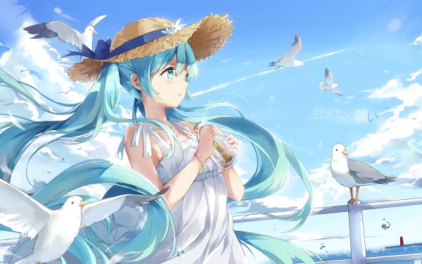 Anime Vocaloid Hatsune Miku White Dress Bird Hat Long Hair Aqua Eyes Aqua Hair HD Wallpaper | Background Image