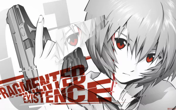 HD anime desktop wallpaper featuring a character from Neon Genesis Evangelion with striking red eyes and a futuristic design highlighted by bold text and graphic elements.