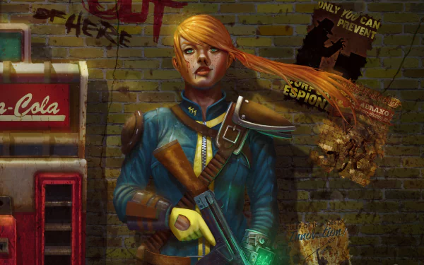 HD PC desktop wallpaper featuring Sole Survivor from Fallout 4, showcasing the character in a blue Vault suit with a weapon against a post-apocalyptic brick wall background.
