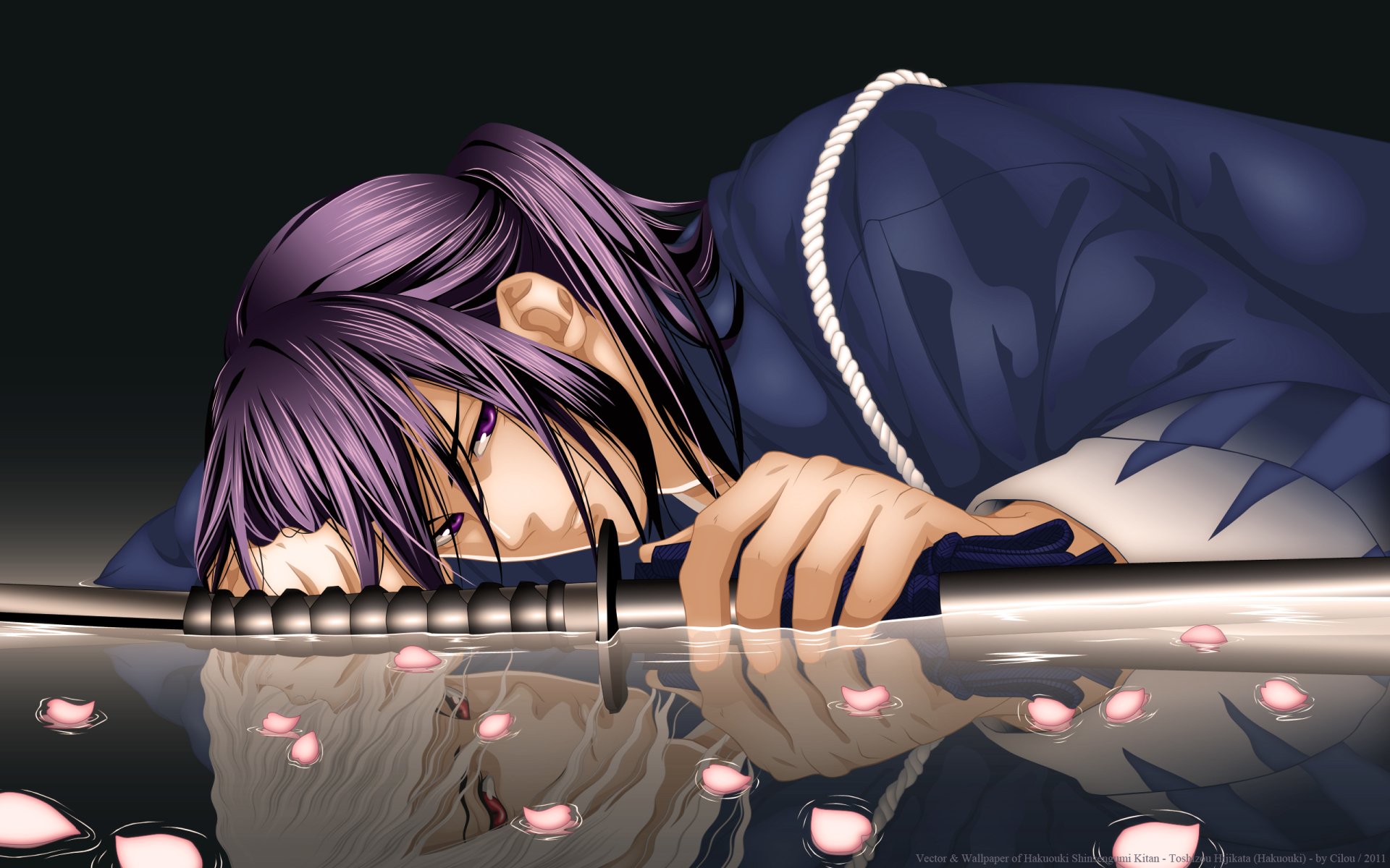 Anime-style HD desktop wallpaper from Hakuouki Shinsengumi Kitan featuring a character with purple hair lying beside a katana reflected in water with scattered cherry blossoms.
