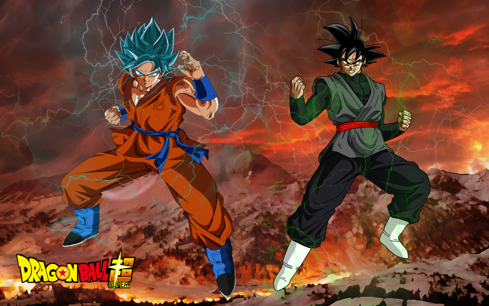 Goku and Black Goku from Dragon Ball Super face off against a dramatic sunset backdrop, featuring vibrant colors and intense energy, creating an epic anime scene for desktop wallpaper.