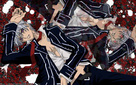HD anime wallpaper featuring Zero Kiryu from Vampire Knight in a uniform, surrounded by red petals and a dark, splattered background.