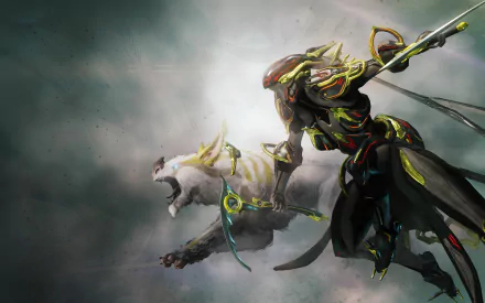 A dynamic HD wallpaper featuring Trinity from Warframe, showcasing her in action alongside a fierce beast, embodying the thrilling atmosphere of the video game.