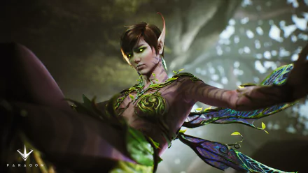 HD PC desktop wallpaper of a Paragon video game character with glowing eyes and intricate nature-inspired armor, set in a mystical forest environment.
