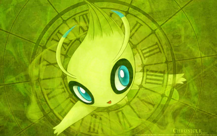 Vibrant HD wallpaper featuring Celebi, the time-traveling Pokémon, surrounded by a mysterious green backdrop and clock motifs, capturing the essence of anime and Pokémon lore.