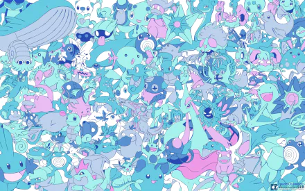 HD PC desktop wallpaper featuring a vibrant, detailed collage of various Pokémon characters in an anime-style illustration with a pastel blue and purple color palette.