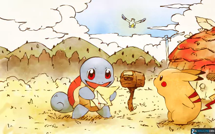 HD desktop wallpaper featuring Pikachu and Squirtle from Pokémon Mystery Dungeon: Red Rescue Team, with Latias flying in the background. Surrounded by a serene landscape with mountains and clear skies.