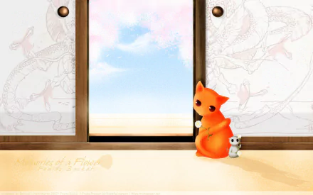 HD anime desktop wallpaper featuring Kyo Sohma as an orange cat and a small white rat, inspired by Fruits Basket with a serene indoor scene and open sliding door.