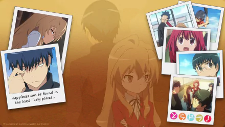 HD PC desktop wallpaper of Toradora! anime: collage featuring Taiga Aisaka, Ryuuji Takasu, Ami Kawashima, Minori Kushieda and Yusaku Kitamura against a warm orange background.