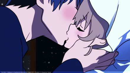 A romantic scene featuring Taiga Aisaka and Ryuuji Takasu from the anime Toradora!, captured in an HD wallpaper with a starry background.