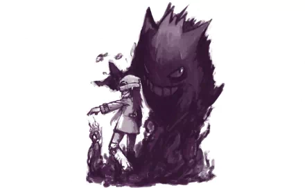 HD desktop wallpaper featuring Gengar from Pokémon: Diamond and Pearl, depicted with a trainer surrounded by dark and ghostly elements.