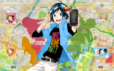 HD anime wallpaper featuring Moritaka Mashiro, Miho Azuki, Kaya Miyoshi, and Akito Takagi from Bakuman with a colorful map background and dynamic character poses.