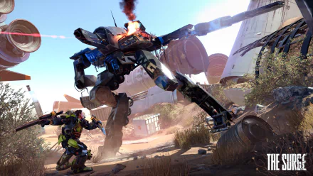 HD PC desktop wallpaper from the video game The Surge, featuring an intense battle scene between a heavily armed mech and a combat-ready character.