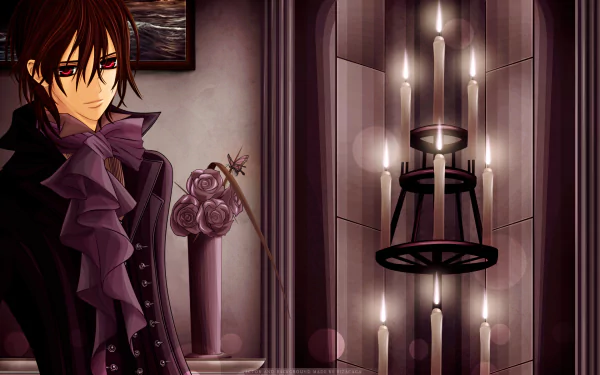 A striking HD wallpaper featuring Kaname Kuran from Vampire Knight, surrounded by elegant candles and flowers, creating a dark, atmospheric mood.