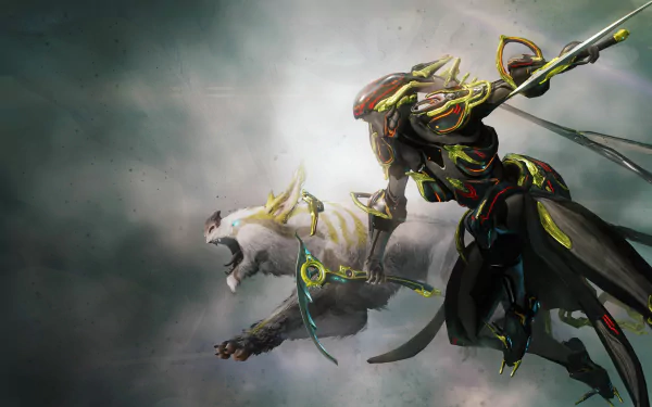 A dynamic HD wallpaper featuring Trinity from Warframe, showcasing her in action alongside a fierce beast, embodying the thrilling atmosphere of the video game.