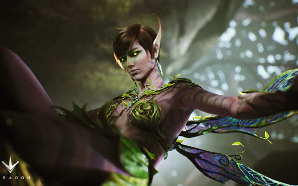 HD PC desktop wallpaper of a Paragon video game character with glowing eyes and intricate nature-inspired armor, set in a mystical forest environment.