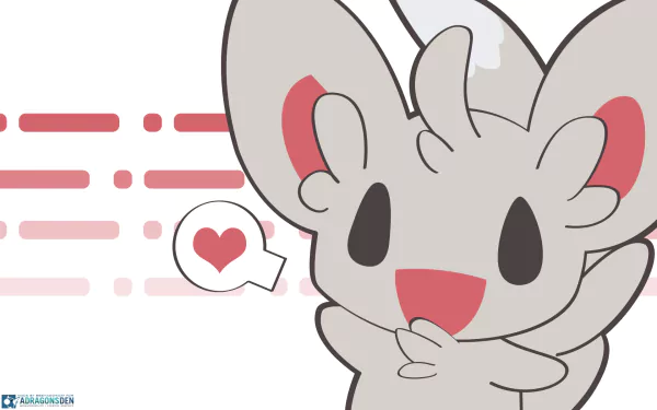Minccino (Pokémon) anime HD PC desktop wallpaper: smiling Minccino with heart speech bubble and pink bar accents on a clean white background.