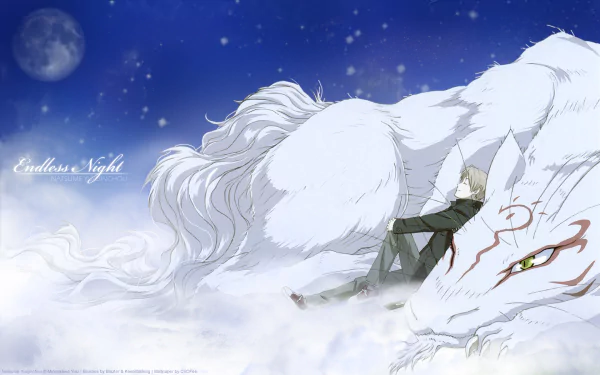 A serene wallpaper featuring Takashi Natsume from Natsume's Book of Friends, nestled against a majestic white spirit in a dreamy, starry night backdrop.