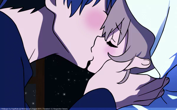 A romantic scene featuring Taiga Aisaka and Ryuuji Takasu from the anime Toradora!, captured in an HD wallpaper with a starry background.