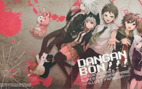 A vibrant Danganronpa-themed anime wallpaper showcasing iconic characters against a dynamic background, featuring bold colors and engaging design elements.