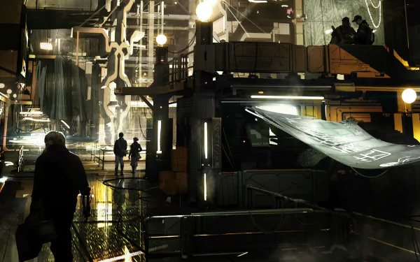 Cyberpunk, rain-slick industrial cityscape with silhouetted figures and neon lights — 2K Quad HD PC desktop wallpaper for the video game Deus Ex: Mankind Divided.