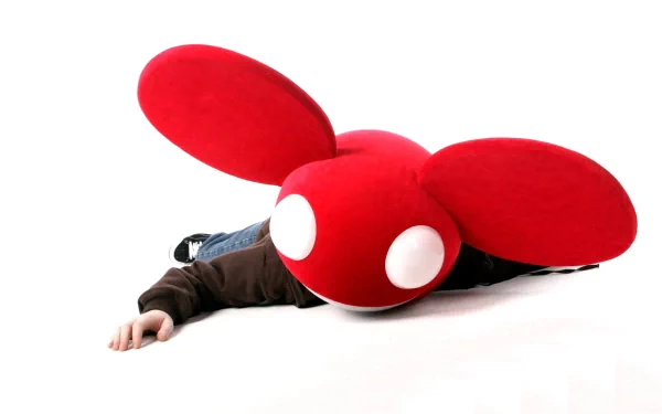 A striking HD desktop wallpaper featuring a creative portrayal of Deadmau5, showcasing the iconic red mouse head against a clean white background.