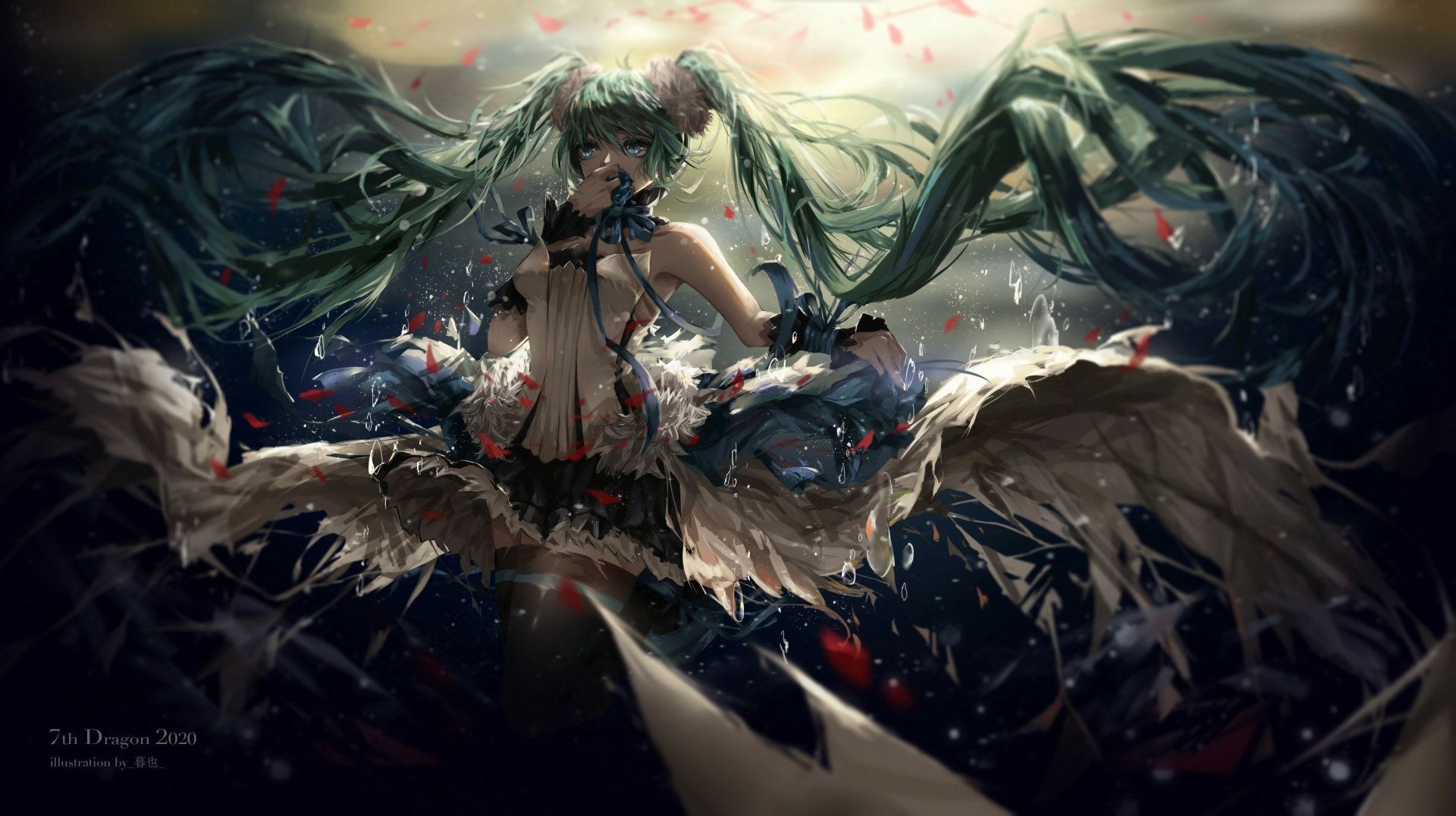 Hatsune Miku, a Vocaloid character with long hair, is depicted in a vibrant, dynamic pose surrounded by petals, set against a dramatic background in this 4K Ultra HD anime wallpaper.