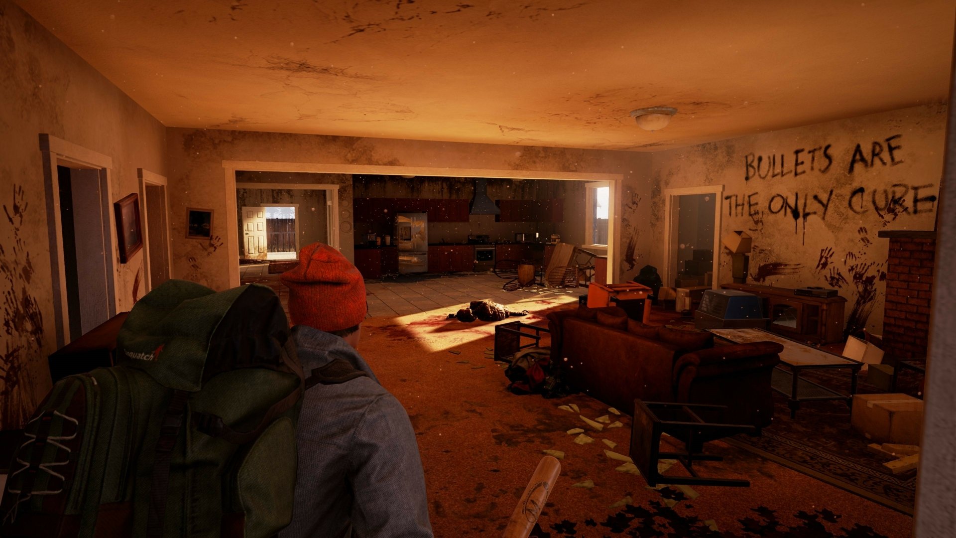 4K Ultra HD PC desktop wallpaper from the video game State of Decay 2, featuring a dimly lit, abandoned room with scattered debris and a backpack in the foreground.