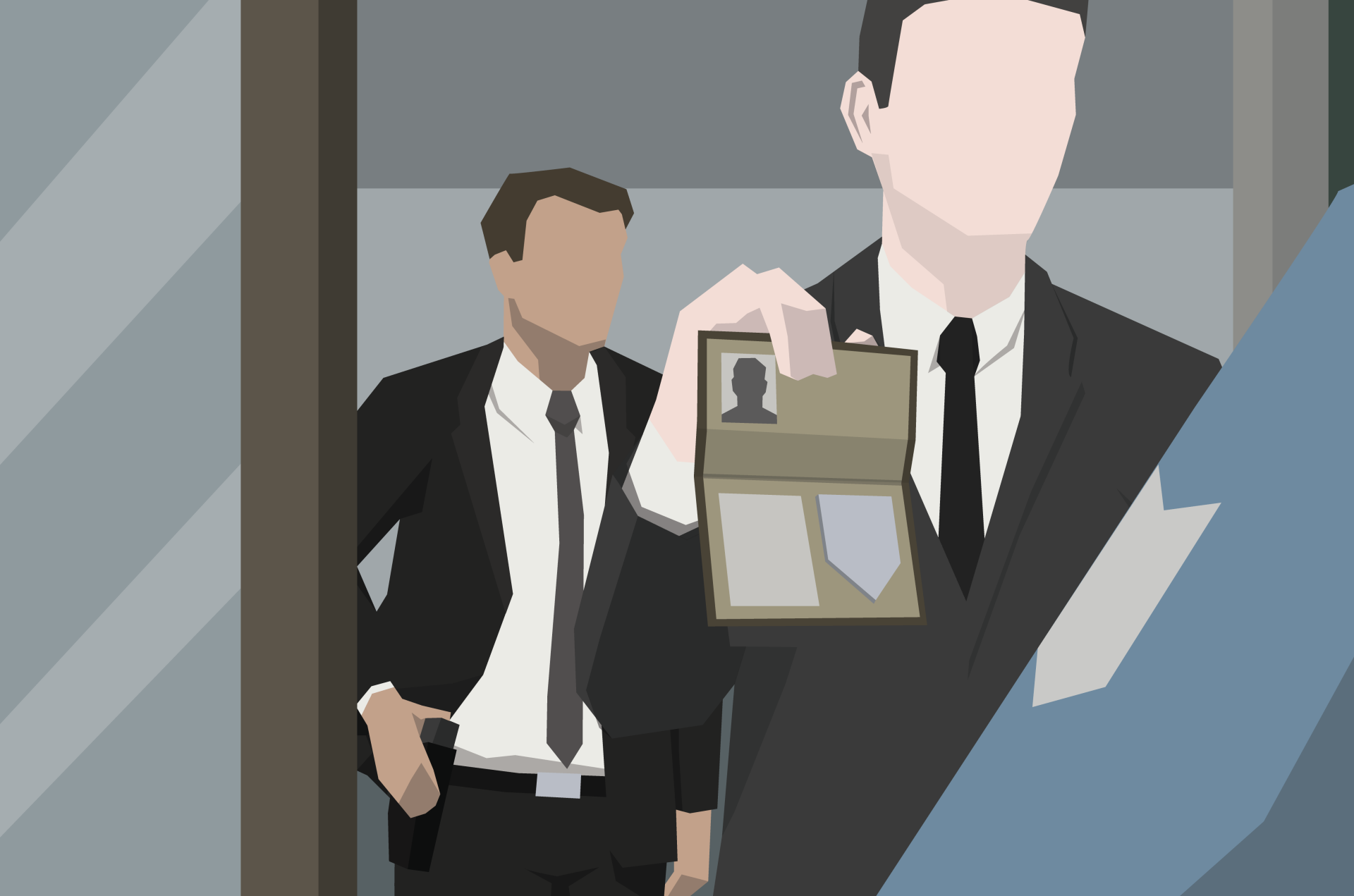 Stylized 4K Ultra HD PC desktop wallpaper for the video game This Is the Police: two suited detectives in a dim office, one showing a badge while the other reaches for a holstered gun.