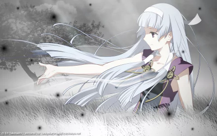 HD PC desktop wallpaper/background of Nagi from the anime Kannagi: Crazy Shrine Maidens — silver-haired shrine maiden in flowing robes reaching out across a misty monochrome field.